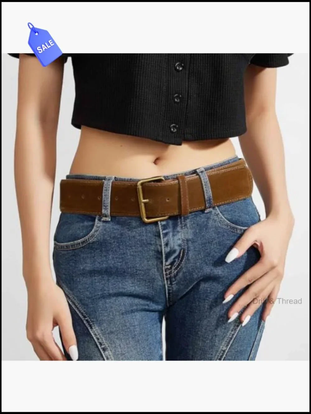 Wide Western Chunky Suede Belt with Gold Buckle for Dresses